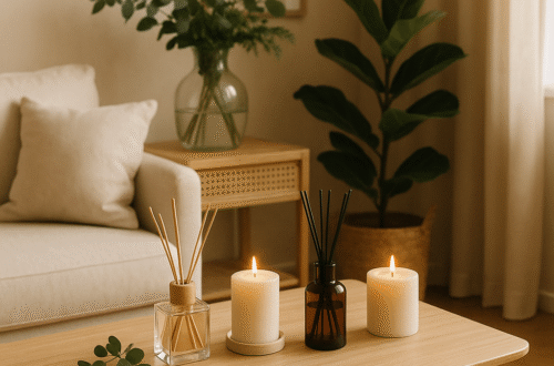 Difusores e velas em sala minimalista – tendências de fragrâncias para casa em 2026