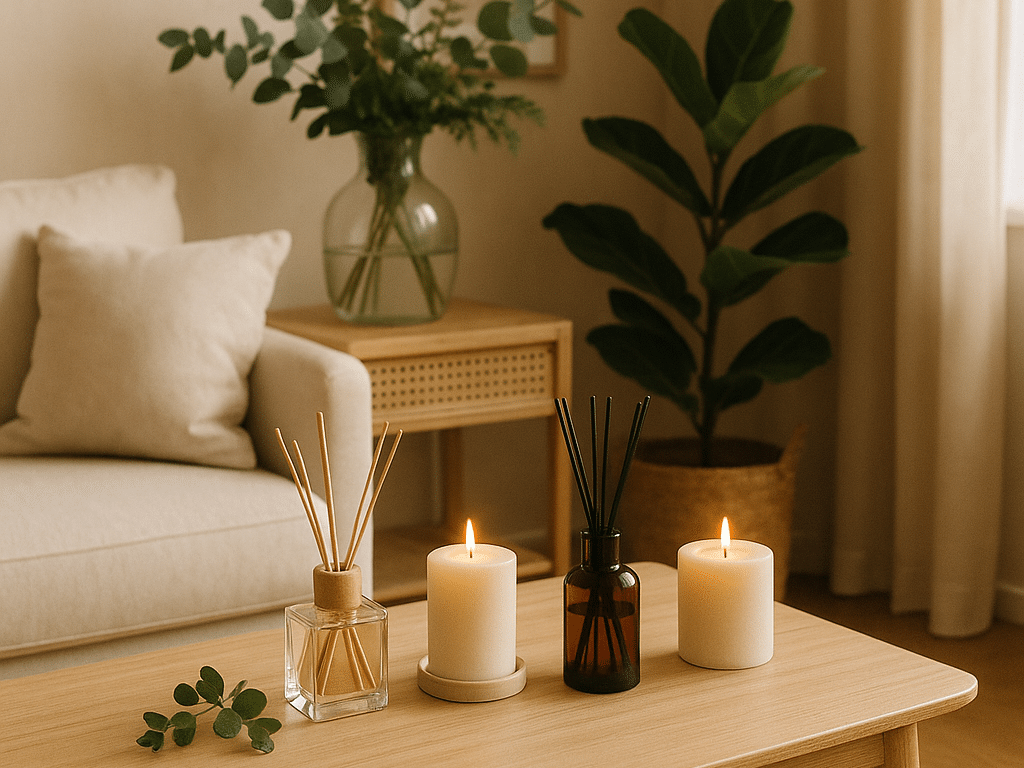 Difusores e velas em sala minimalista – tendências de fragrâncias para casa em 2026