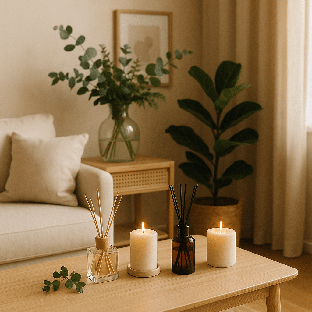Difusores e velas em sala minimalista – tendências de fragrâncias para casa em 2026