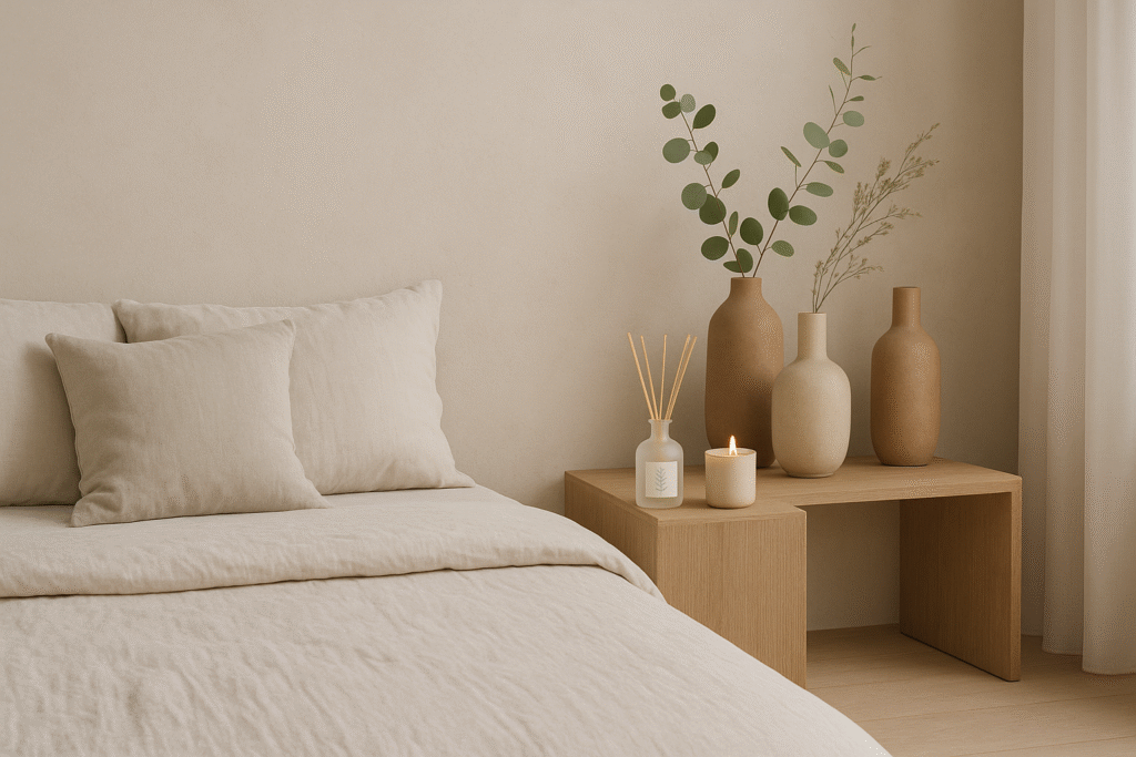 quarto com arquitetura clean, estilo japandi com designe moderno e decorado com difusor de varetas e vela aromatizada