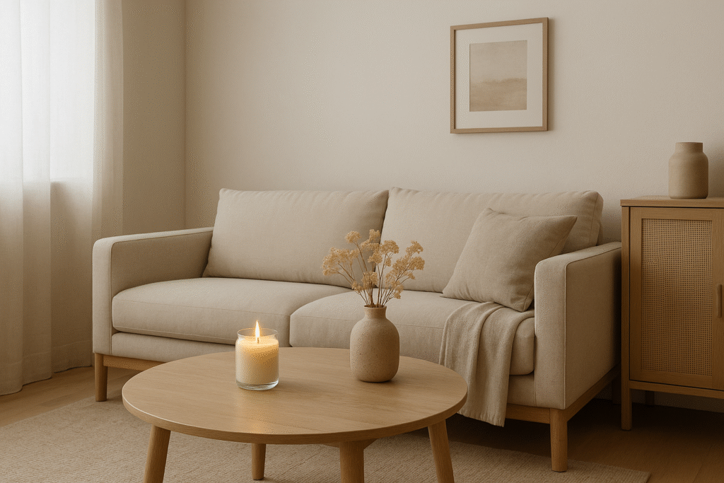 sala minimalista com decoração clean e vela perfumada