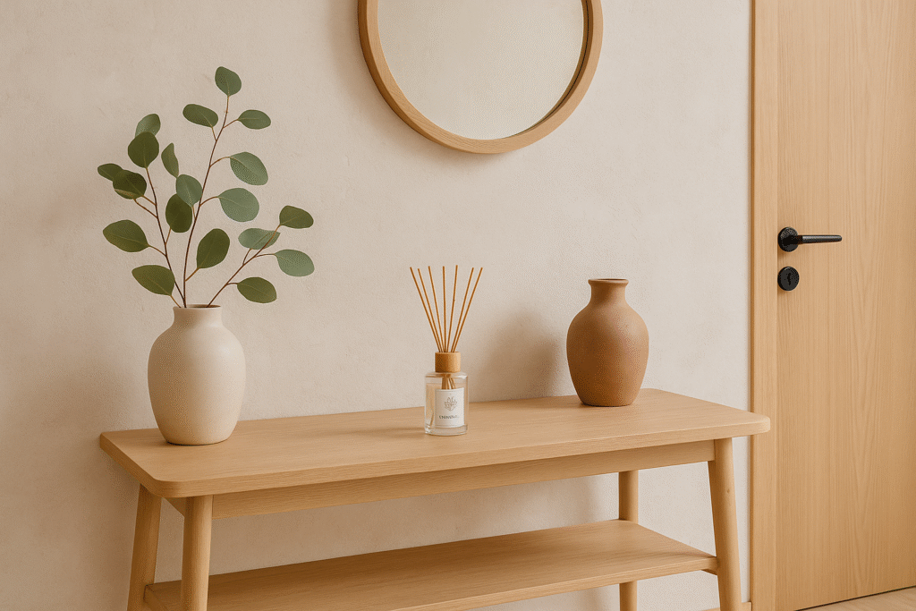 entrada da casa com decoração minimalista e difusor de aroma