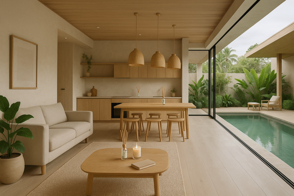 sala de estar integrada à cozinha e área gourmet estilo japandi com difusor e vela aromática