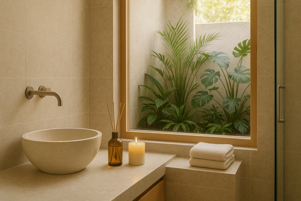 banheiro minimalista com estilo japandi spa decorado com difusor de perfume de ambiente e vela aromatizada