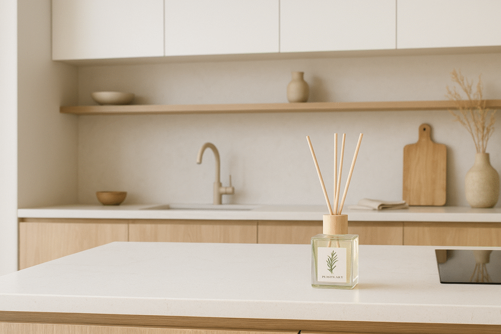 cozinha clara com decoração japandi minimalista e difusor de ambiente de alecrim