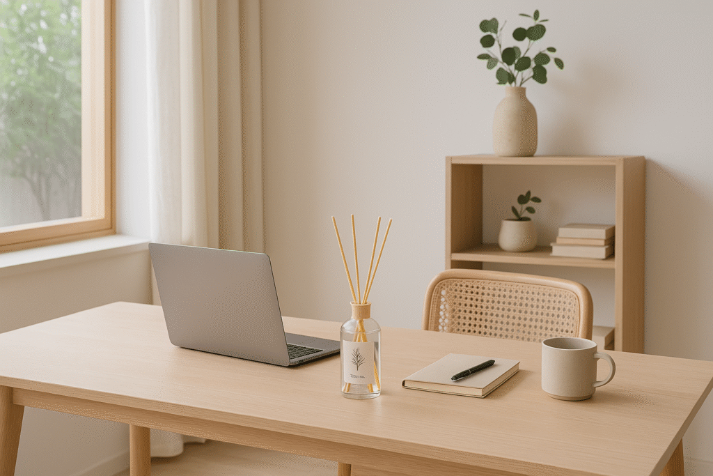 escritório minimalista japandi decorado com difusor de varetas de perfume de ambiente