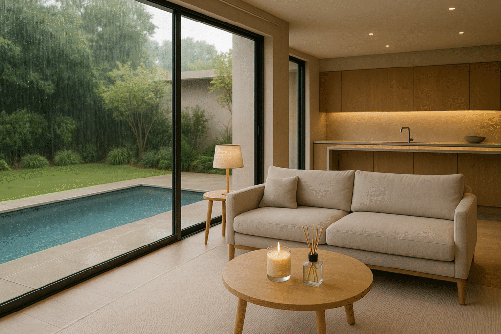 casa moderna com vela e difusor de ambientes como parte da decoração